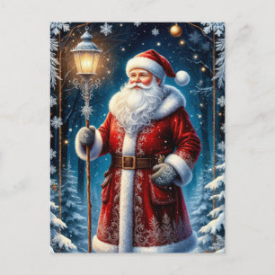 Carte Postale Père Noël tenant une lanterne lumineuse de Noël