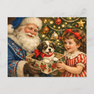 Carte Postale Père Noël vintage avec fille et chiot