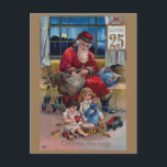 Carte Postale Père Noël vintage, enfants et cadeaux<br><div class="desc">Illustration nostalgique et pittoresque de Noël de l'ère victorienne avec un Père Noël à la roche rouge avec deux enfants et des cadeaux avec le parchemin du 25 décembre. Le dos est doté d'une bordure florale complémentaire,  d'un message d'accueil suggéré et de champs de texte modifiables.</div>