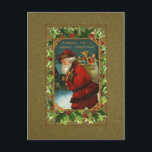 Carte postale Père Noël vintage et Holly Christmas<br><div class="desc">Carte de voeux de l'époque victorienne numériquement réparée et restaurée à des couleurs vives avec cadre en or et saint orné sur un ancien arrière - plan damassé or.</div>