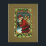 Carte postale Père Noël vintage et Holly Christmas<br><div class="desc">Carte de voeux de l'époque victorienne numériquement réparée et restaurée à des couleurs vives avec cadre en or et saint orné sur un ancien arrière - plan damassé or.</div>