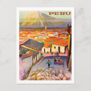 Carte Postale Pérou, toits de la ville sous la montagne, vintage