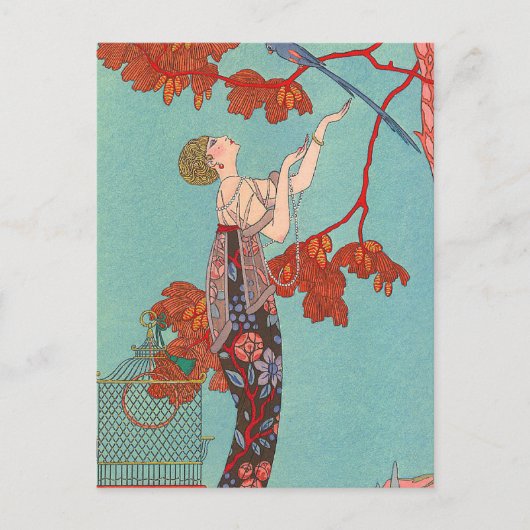 Carte Postale Perroquet bleu fou par George Barbier (Devant)