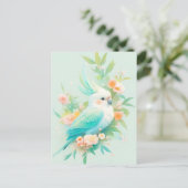 Carte Postale Perroquet Cacatoès blanc et sarcelle avec Fleur de (Debout devant)