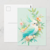 Carte Postale Perroquet Cacatoès blanc et sarcelle avec Fleur de (Devant / Derrière)