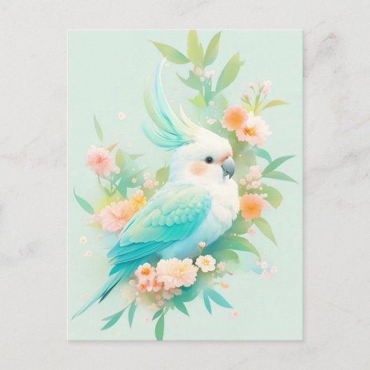 Carte Postale Perroquet Cacatoès blanc et sarcelle avec Fleur de (Devant)