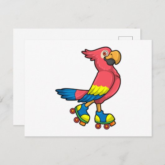 Carte Postale Perroquet en patineur avec des patins à roulettes (Devant / Derrière)
