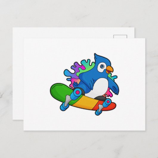 Carte Postale Perroquet en patineur avec planche à roulettes (Devant / Derrière)