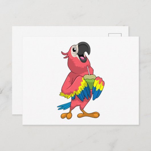 Carte Postale Perroquet & Noix de coco avec paille (Devant / Derrière)