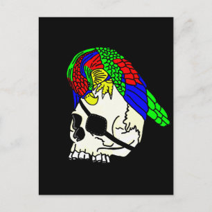 Carte Postale Perroquet sur crâne de pirate avec fond noir