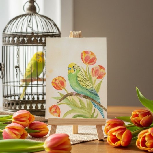 Carte Postale Perruche aux Tulipes