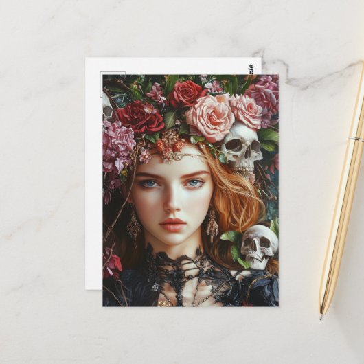 Carte Postale Perséphone Roses et Crânes (Devant/Arrière en situation)