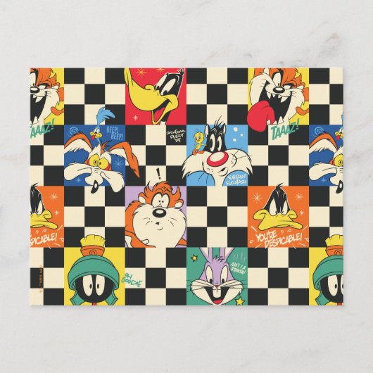 Carte Postale Personnages LOONEY TUNES™ sur damier noir et blanc (Devant)