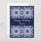 Carte postale personnalisable bleu Azulejos pour J (Devant / Derrière)