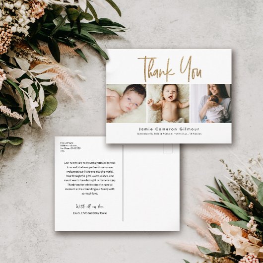 Carte Postale Personnalisé 3 Photos pour bébés Gold Script Merci