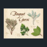 Carte postale Personnaliser Bouquet Herb<br><div class="desc">Personnalisez avec votre texte personnalisé. Bouquet garni, un mélange français classique d'herbes aromatiques ajouté aux soupes, ragoûts et stocks aromatiques. 4 sprigs frais Thyme ou 1 c. à c. séché 4 sprigs frais Persil ou 1 T séché 1 Bay Leaf, frais ou séché 1 sprig frais Sage (facultatif) ou ½...</div>
