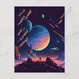 Carte Postale Personnaliser - Coloré Retro 8Bit Pixel Space Ship