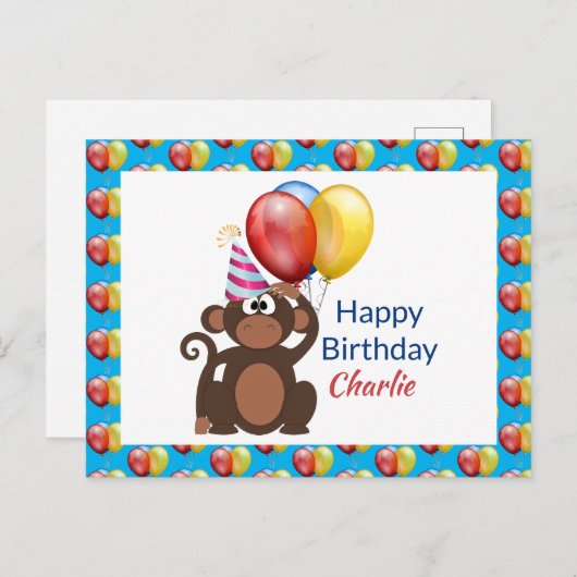 Carte Postale Personnaliser Joyeux Anniversaire Singe et Ballons (Devant / Derrière)