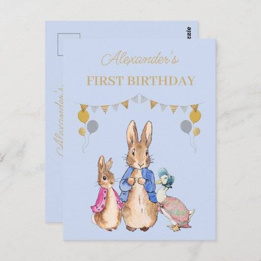 Carte Postale Personnaliser Peter lapin 1er Anniversaire Invitat (Devant / Derrière)