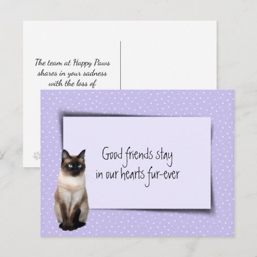 Carte Postale Perte d'un chat siamois chez le vétérinaire (Devant / Derrière)