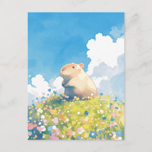Carte Postale Pet Capybara dans un champ de fleurs sauvages enso
