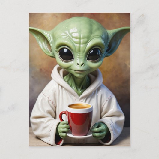 Carte Postale Petit Alien vert en PJ avec café (Devant)