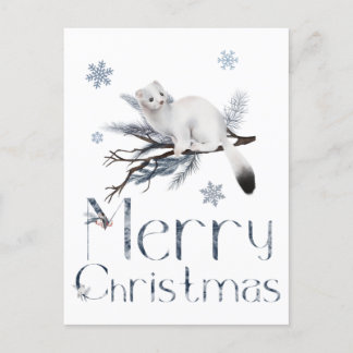 Carte Postale Petit animal belette blanche sur un pin