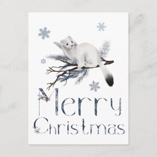 Carte Postale Petit animal belette blanche sur un pin (Devant)