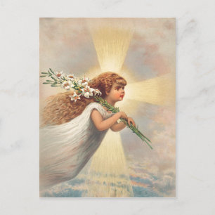 Carte Postale Petit bébé ange tenant des lys
