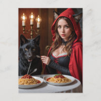 Petit chapeau rouge et loup mangent des spaghettis