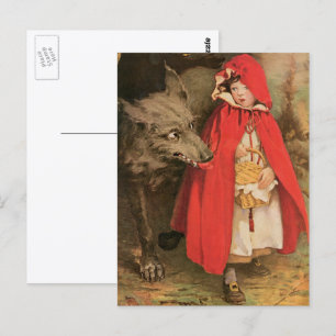 Carte Postale Petit chapeau rouge vintage et grand loup méchant