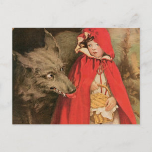 Carte Postale Petit chapeau rouge vintage et grand loup méchant