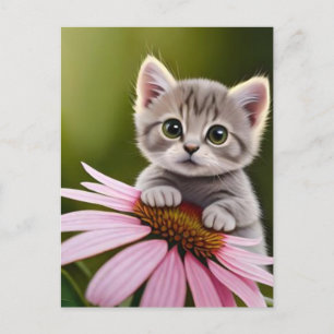 Carte Postale Petit chat gris mignon floral