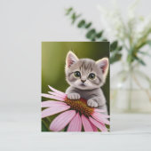 Carte Postale Petit chat gris mignon floral (Debout devant)