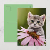 Carte Postale Petit chat gris mignon floral (Devant / Derrière)