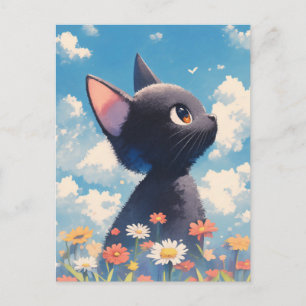 Carte Postale Petit Chat Noir dans Prairie d'Été de Marguerite F