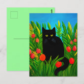 Carte Postale Petit chat noir dans un jardin de tulipes (Devant / Derrière)