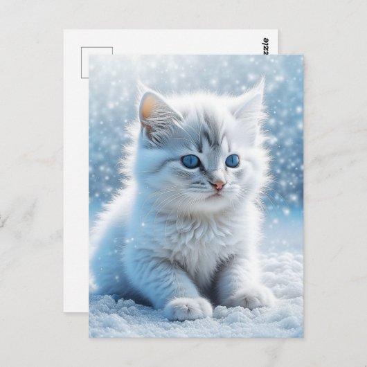 Carte Postale Petit chaton blanc dans Noël de neige (Devant / Derrière)