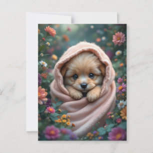 Carte Postale Petit chiot mignon et moelleux entouré de fleurs