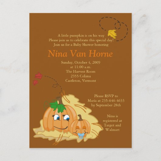 Carte Postale Petit Citrouille  automne Baby shower Invitation (Devant)