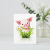 Carte Postale Petit cochon rose dans l'herbe (Debout devant)