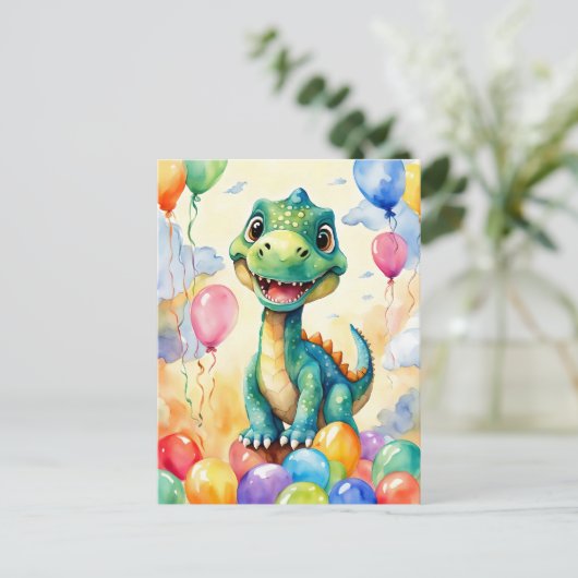 Carte Postale Petit dinosaure mignon avec beaucoup de ballons co (Debout devant)