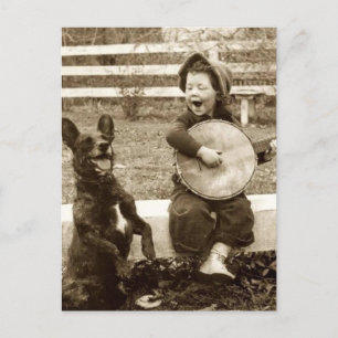 Carte Postale Petit garçon et chien, musique