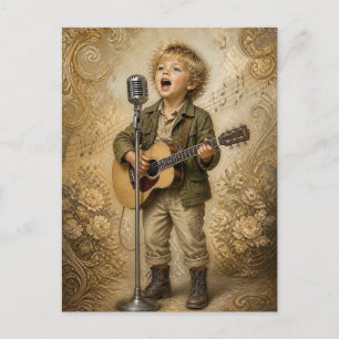 Carte Postale Petit garçon musicien chantant et jouant de la gui
