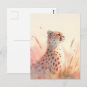 Carte Postale Petit guépard à l'aquarelle dans un champ d'herbe (Devant / Derrière)