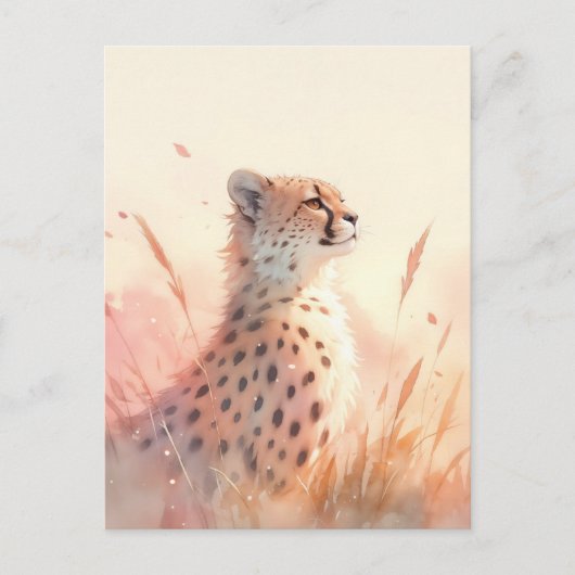 Carte Postale Petit guépard à l'aquarelle dans un champ d'herbe (Devant)