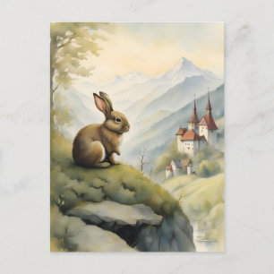 Carte Postale Petit lapin et château mystique dans les montagnes