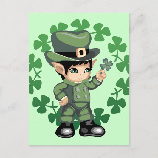 Carte Postale Petit Leprechaun avec Shamrocks (Devant)