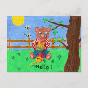 Carte Postale Petit ours au miel, Bonjour !