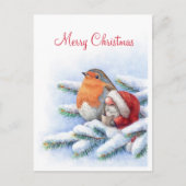 Carte Postale Petit Père Noël avec un rouge-gorge (Devant)